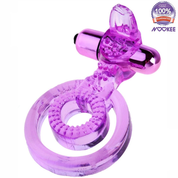 VIBRATING PENIS COCK RING - LICKING TONGUE DOUBLE STRAP + FREE BATTERIES & LUBE